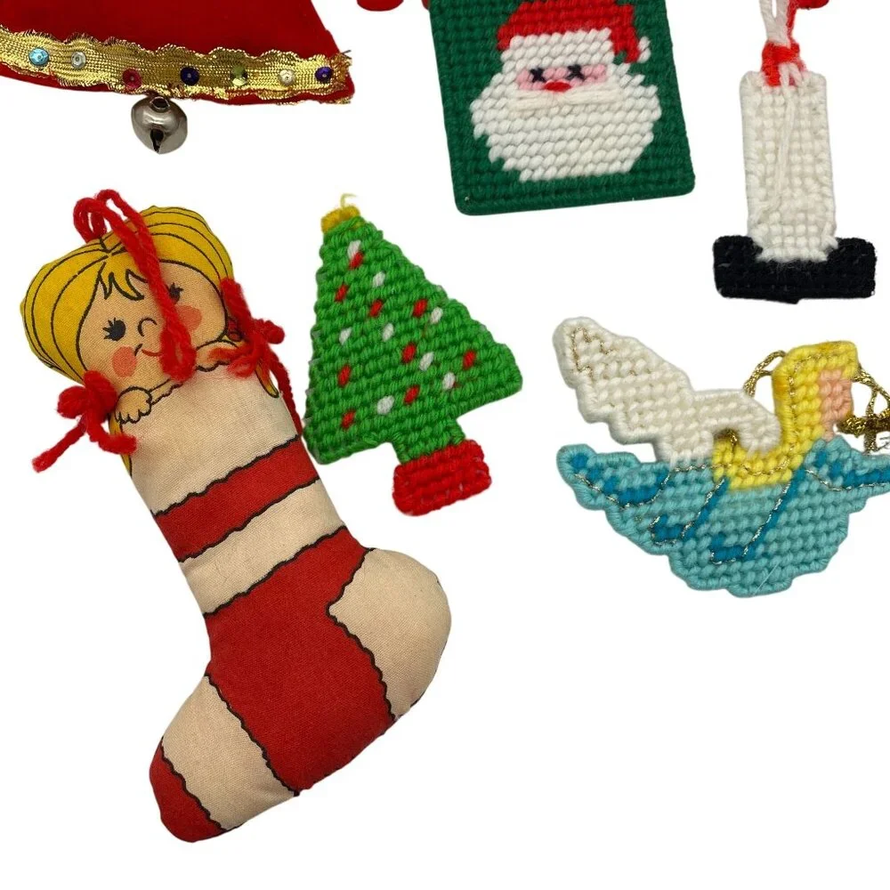 Vintage‎ Christmas handmade ornament lot felt cross stitch metal hand sewn
